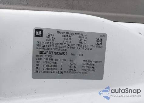 2016 Chevrolet Express 2500 Work Van из США, поврежденный, VIN 1GCWGAFF7G1320329